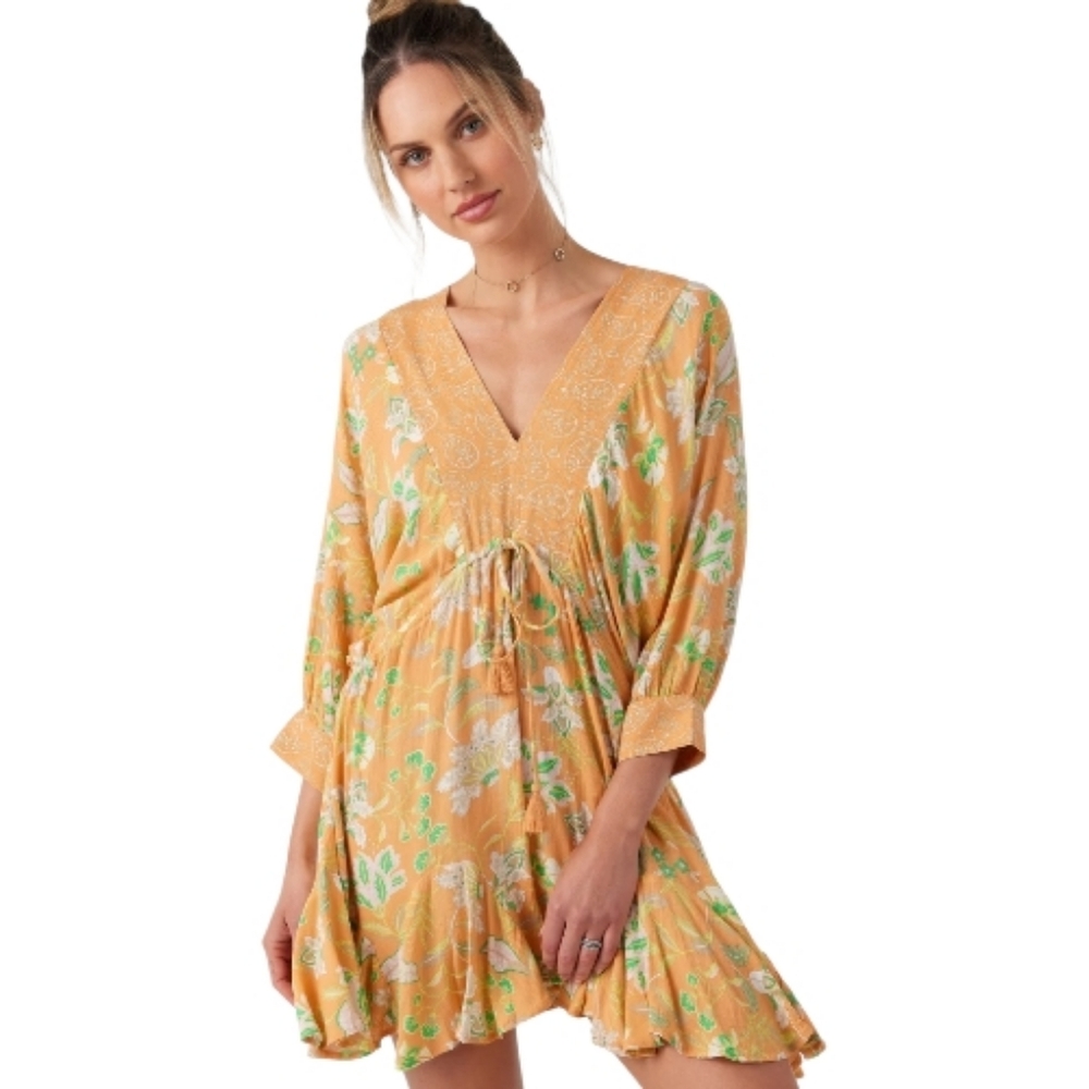 NEW O'Neill tropical floral orange Joyce long sleeve beach dress L